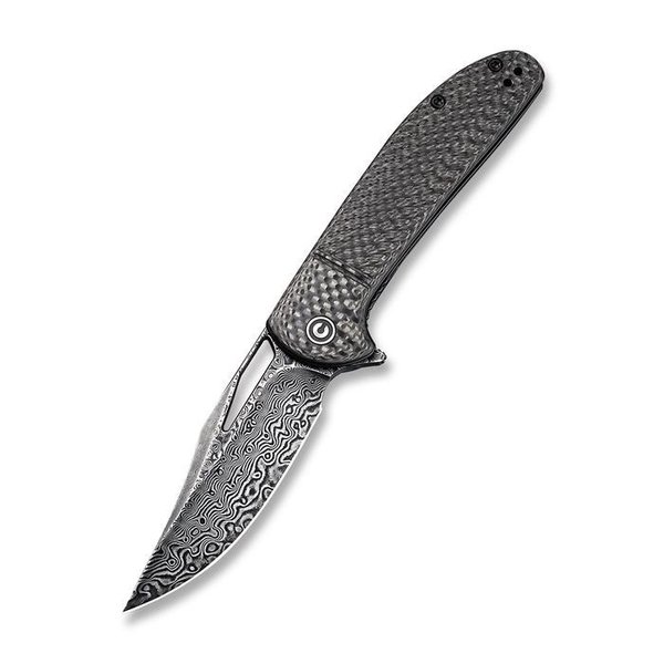 Ortis Flipper Knife Twill Carbon Fiber Handle (3.25" Black Hand Rubbed Damascus) C2013DS-1