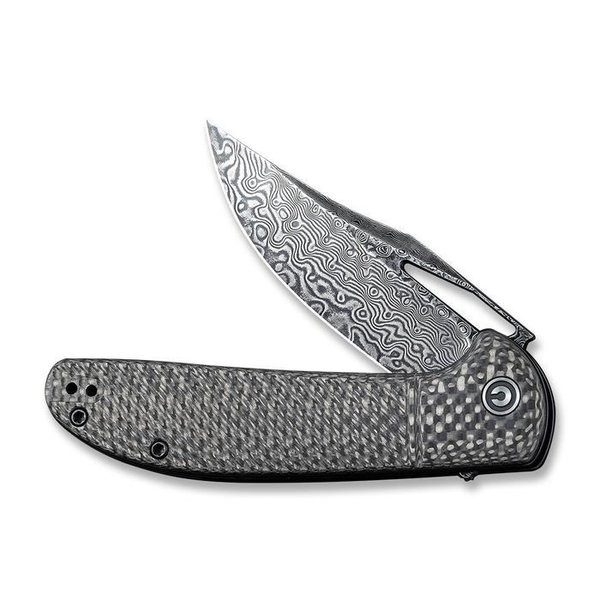 Ortis Flipper Knife Twill Carbon Fiber Handle (3.25" Black Hand Rubbed Damascus) C2013DS-1