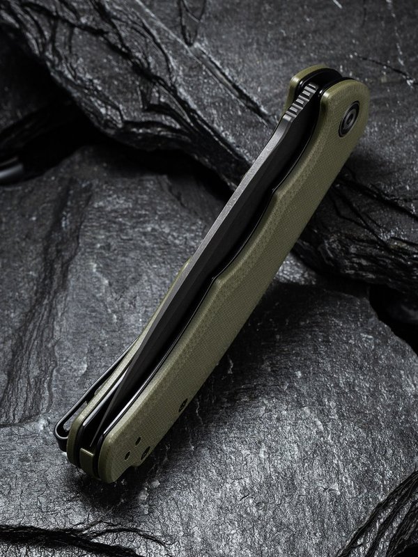 Praxis Flipper Knife OD Green G10 Handle (3.75'' Black Stonewashed 9Cr18MoV) C 803F