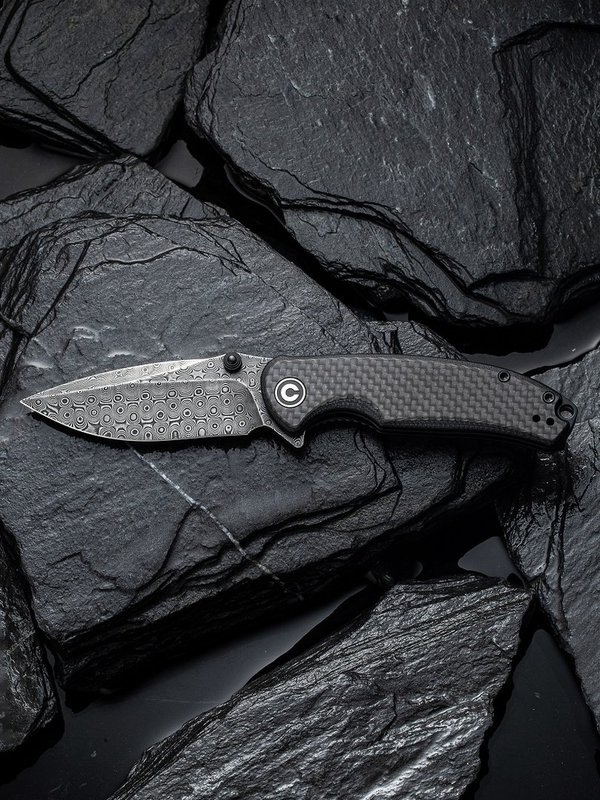 Pintail Flipper Knife Twill Carbon Fiber Overlay On Black G10 Handle (Damascus Blade) C 2020DS-1