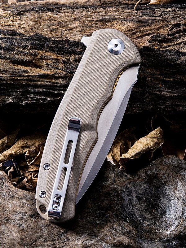 Praxis Flipper Knife Tan G10 Handle (3.75'' Satin 9Cr18MoV) C 803B